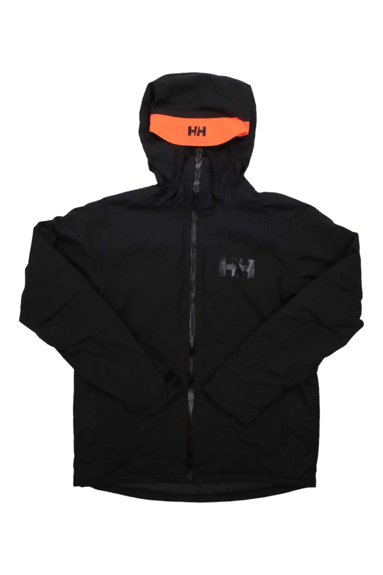 The Helly Hansen Mens Powdreamer 2.0 Jacket is a black, waterproof, insulated ski jacket with a front zipper, HH logo on the chest, and an orange-lined hood.