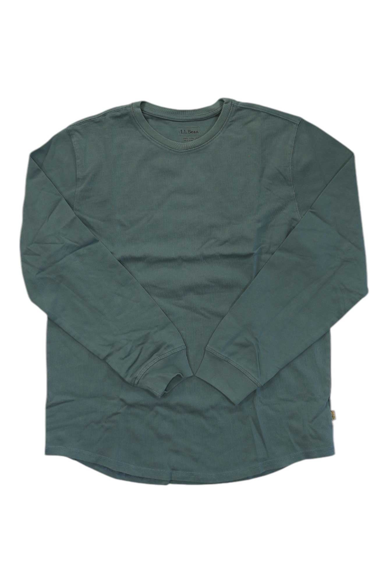 The L.L.Bean Men's BeanBuilt Cotton Without Pocket LS Tee is a crew neck long sleeve shirt in muted green, shown laid flat on white—ideal as a tough, comfortable work shirt.