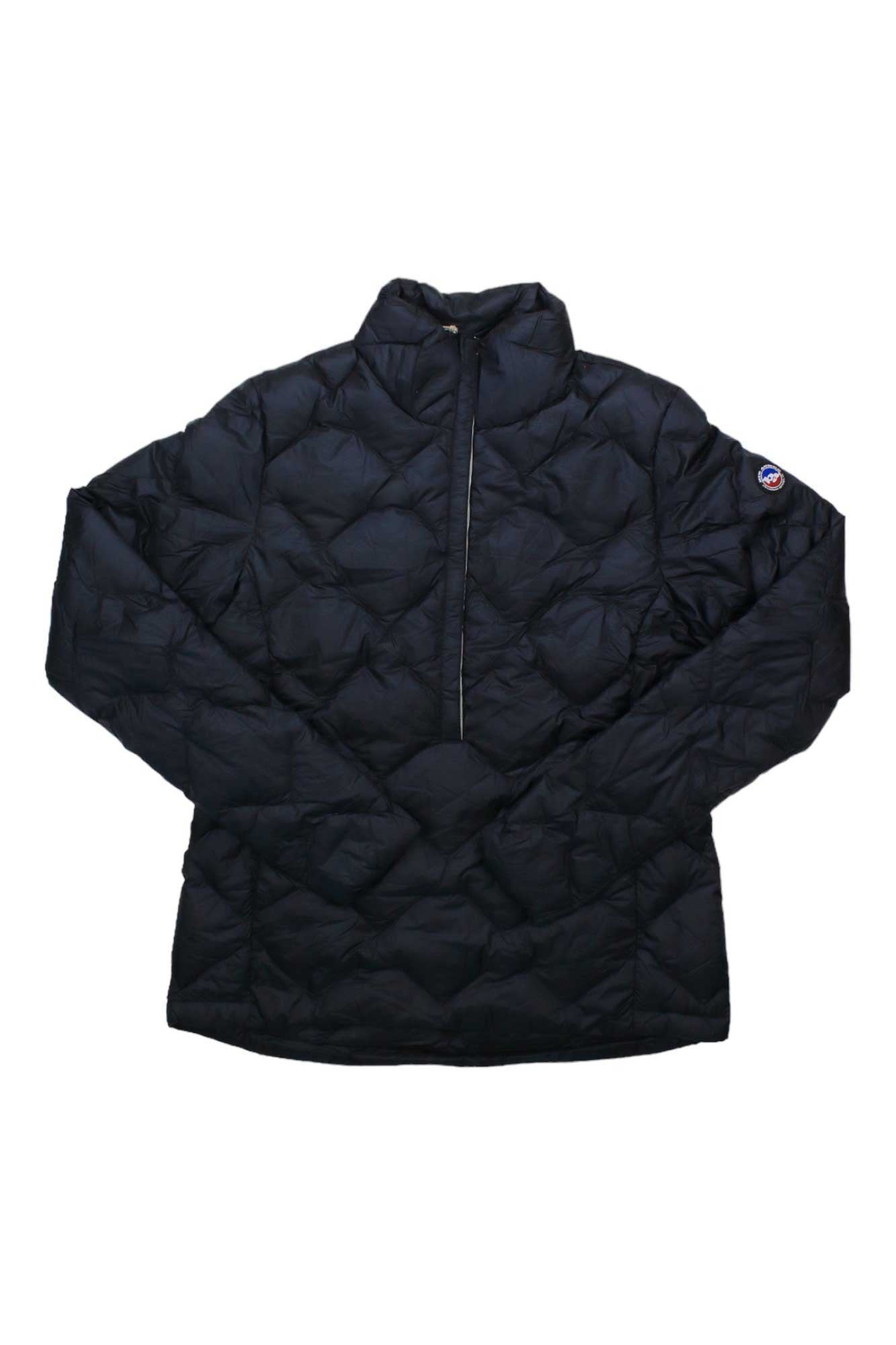 The Big Agnes Women's Cora Pullover is a black, quilted, water-resistant insulated jacket with a half-zip front and round left sleeve patch, shown laid flat on white. It's an ideal packable mid layer for versatile wear.