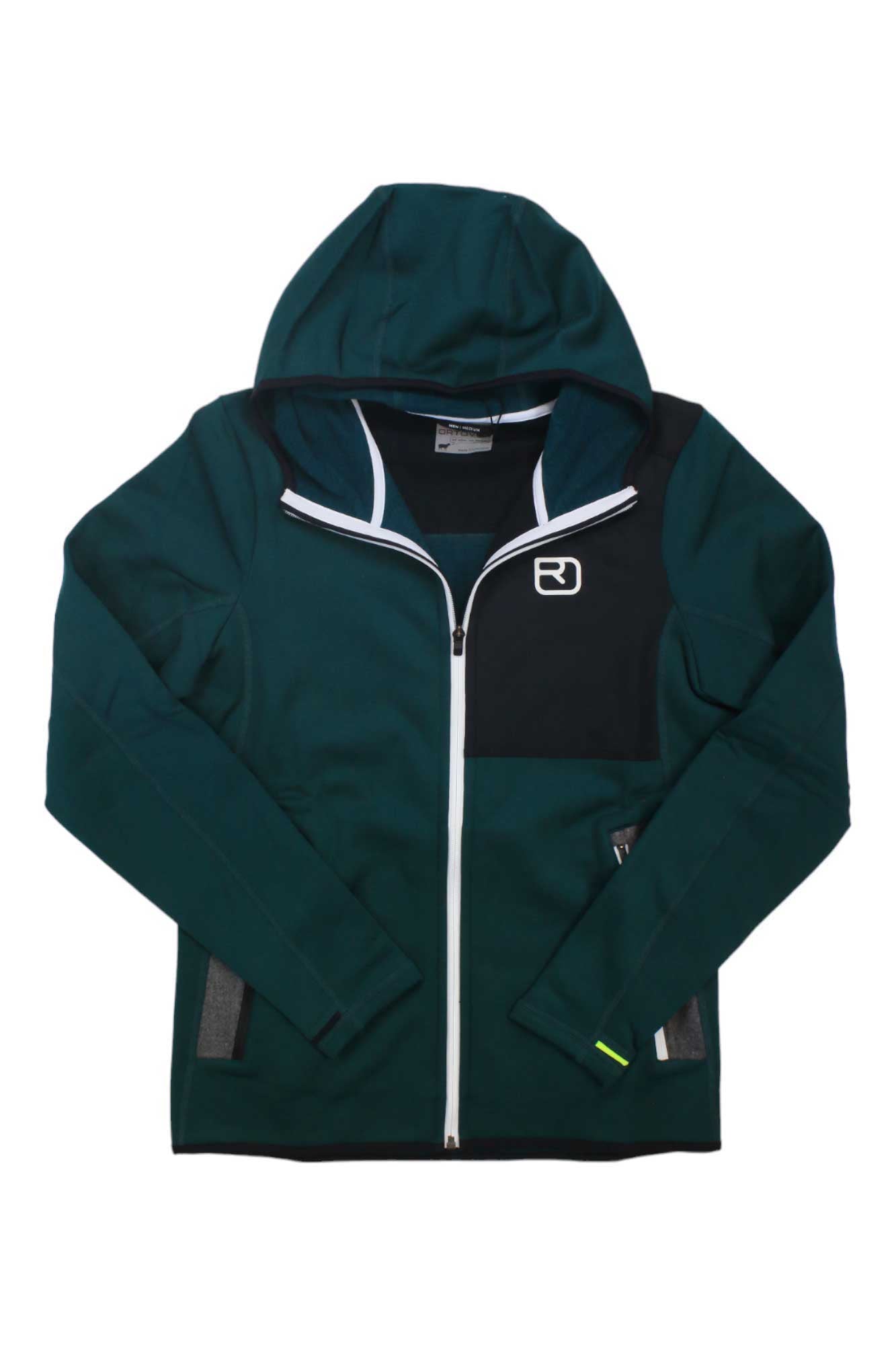 The Ortovox Mens Fleece Hoody is a dark green zip-up with a black chest panel, white zipper, and left chest white logo. It features long sleeves, front pockets, and a cozy recycled polyester design.
