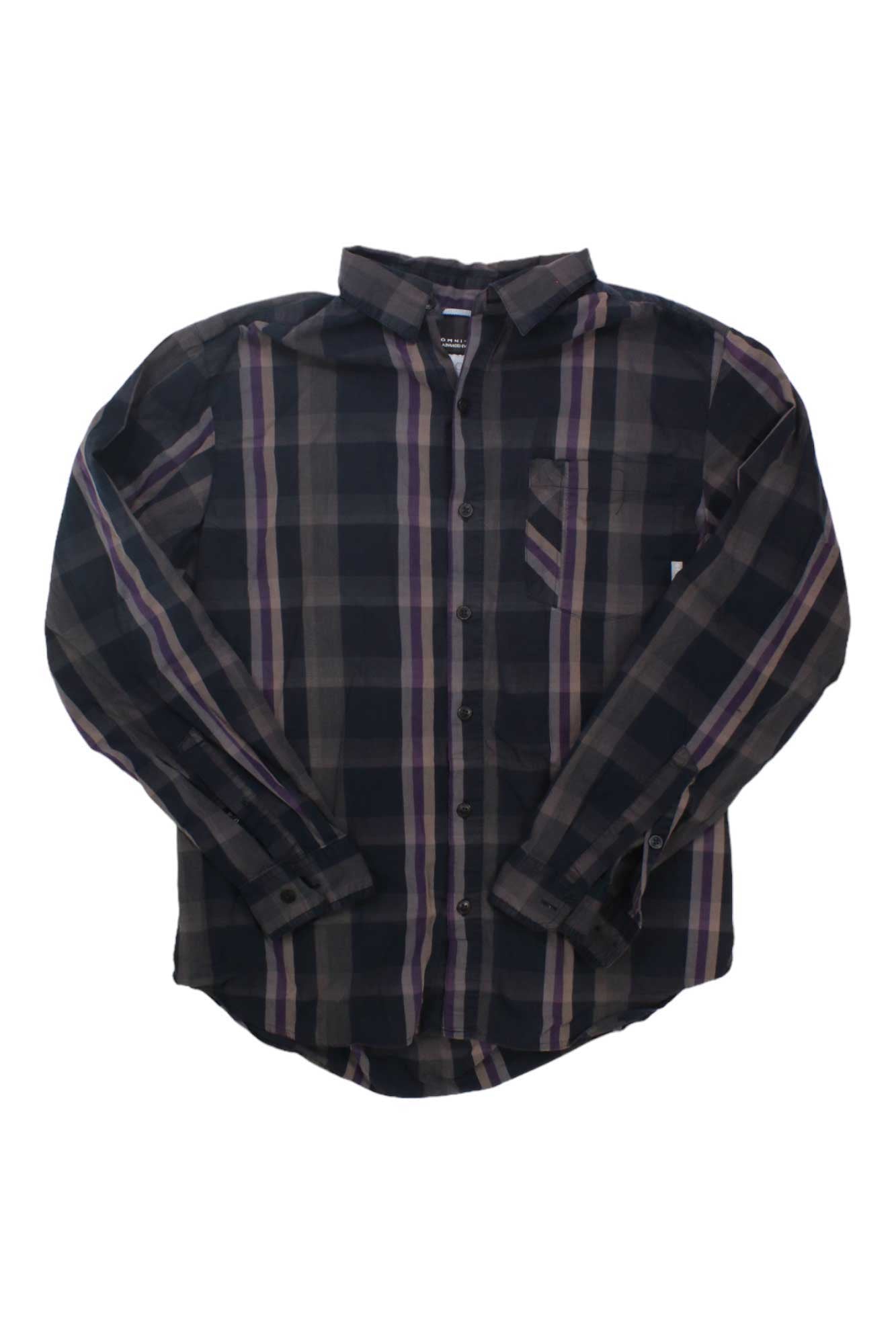 Dark plaid cotton button-up shirt with long sleeves, stand collar, and chest pocket