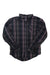 Dark plaid cotton button-up shirt with long sleeves, stand collar, and chest pocket