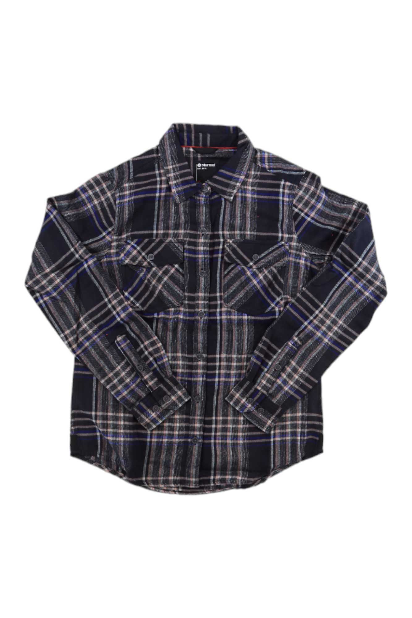 The Womens Bridget Midweight Flannel Long-Sleeve Shirt features a black, white, and blue plaid pattern, is made from recycled polyester, and includes two chest pockets plus long sleeves for added sun protection.
