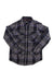 The Womens Bridget Midweight Flannel Long-Sleeve Shirt features a black, white, and blue plaid pattern, is made from recycled polyester, and includes two chest pockets plus long sleeves for added sun protection.