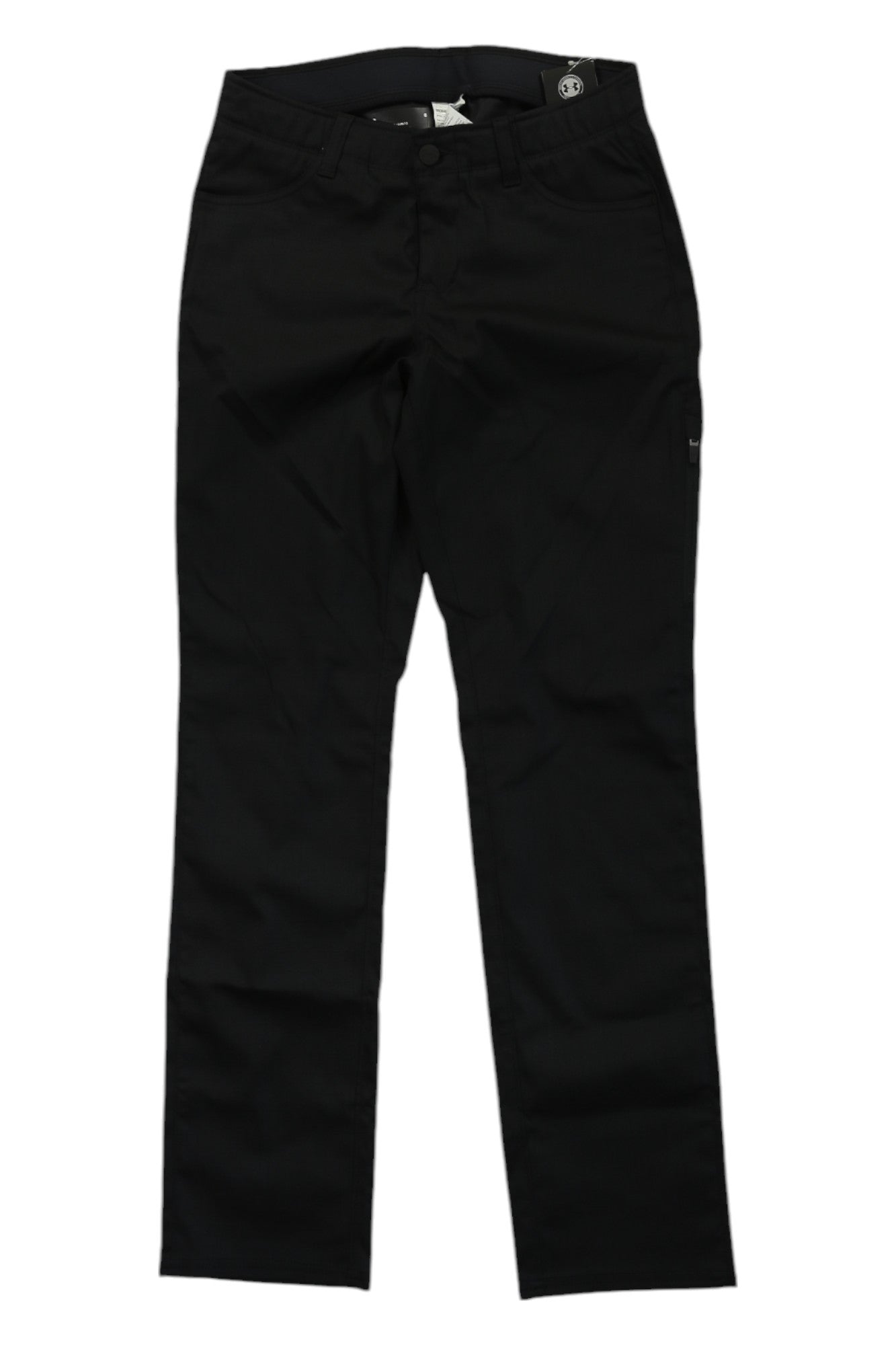 The Under Armour Women's Enduro Pant, shown in black on a white background, features a button and zip waist closure and is made from moisture-wicking fabric for comfortable hiking.