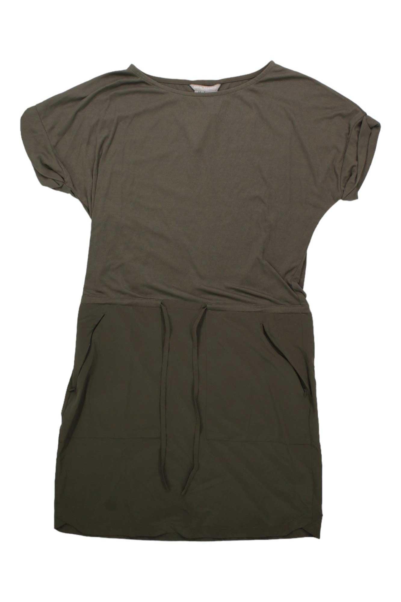 Women’s evolution dress in dark olive, short sleeves, crew neck, ruched waist seam, front pockets
