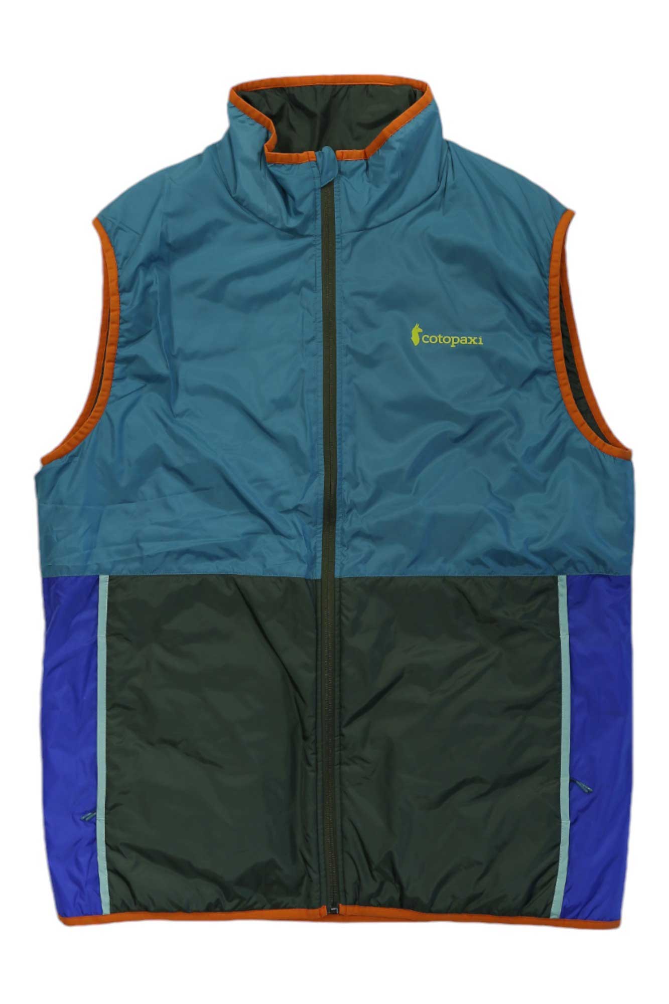 The Cotopaxi Mens Teca Calido Vest is a sleeveless, colorblock vest made from recycled polyester with blue, green, and purple panels, orange trim, front zipper, and the Cotopaxi logo on the left chest.
