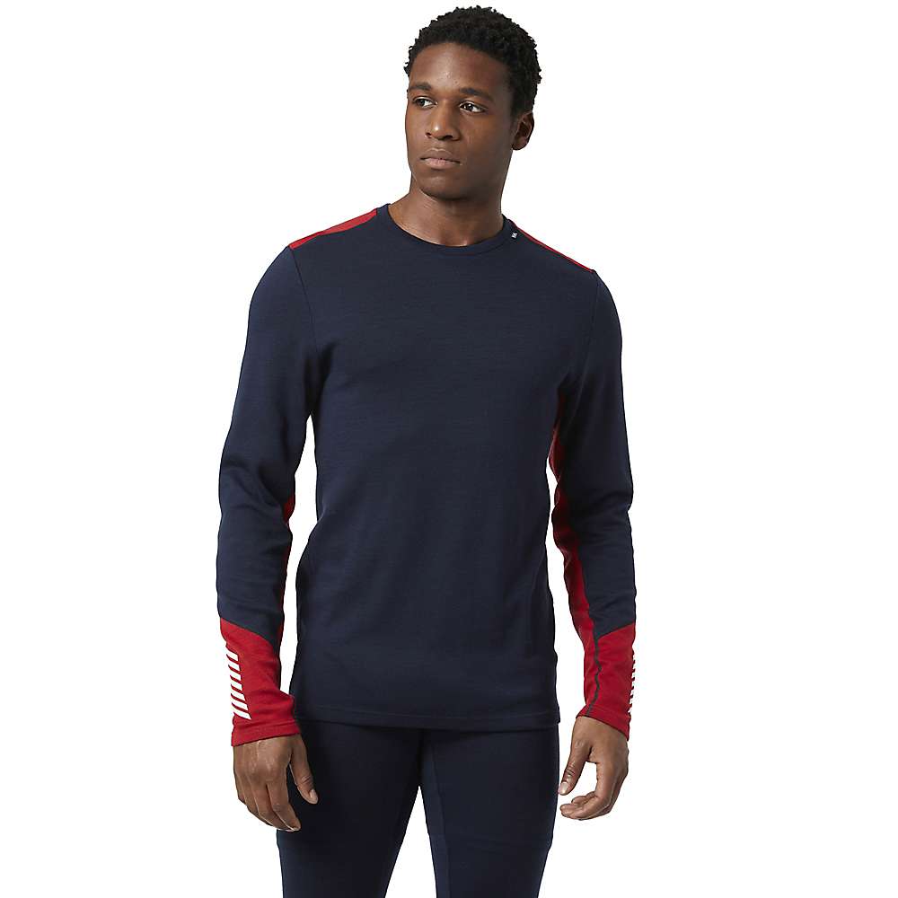 Men's merino crewneck long-sleeve base layer, navy, red cuffs and side accents