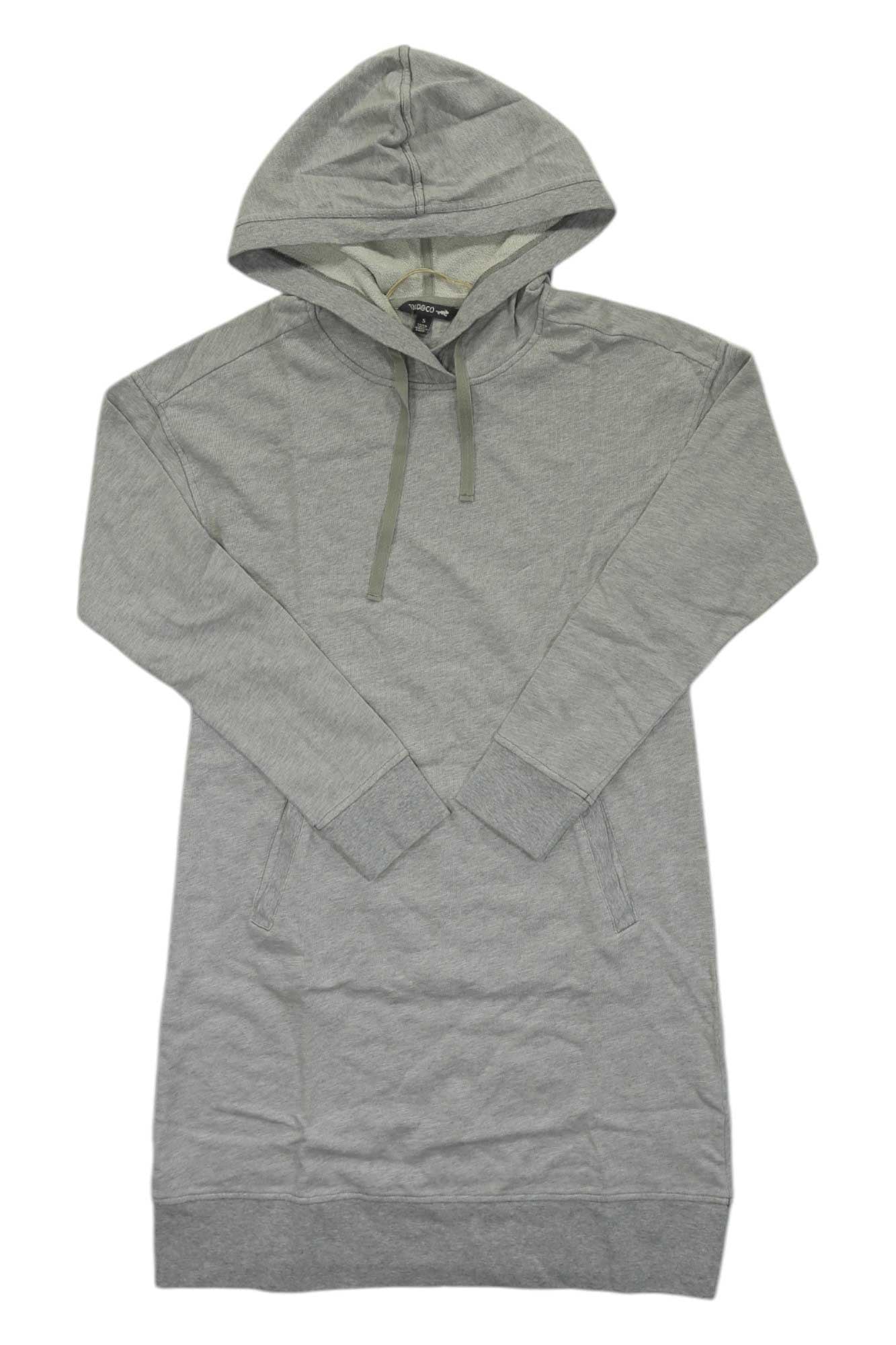 Toad & Co women's hooded dress, heather gray with drawstring hood and long sleeves