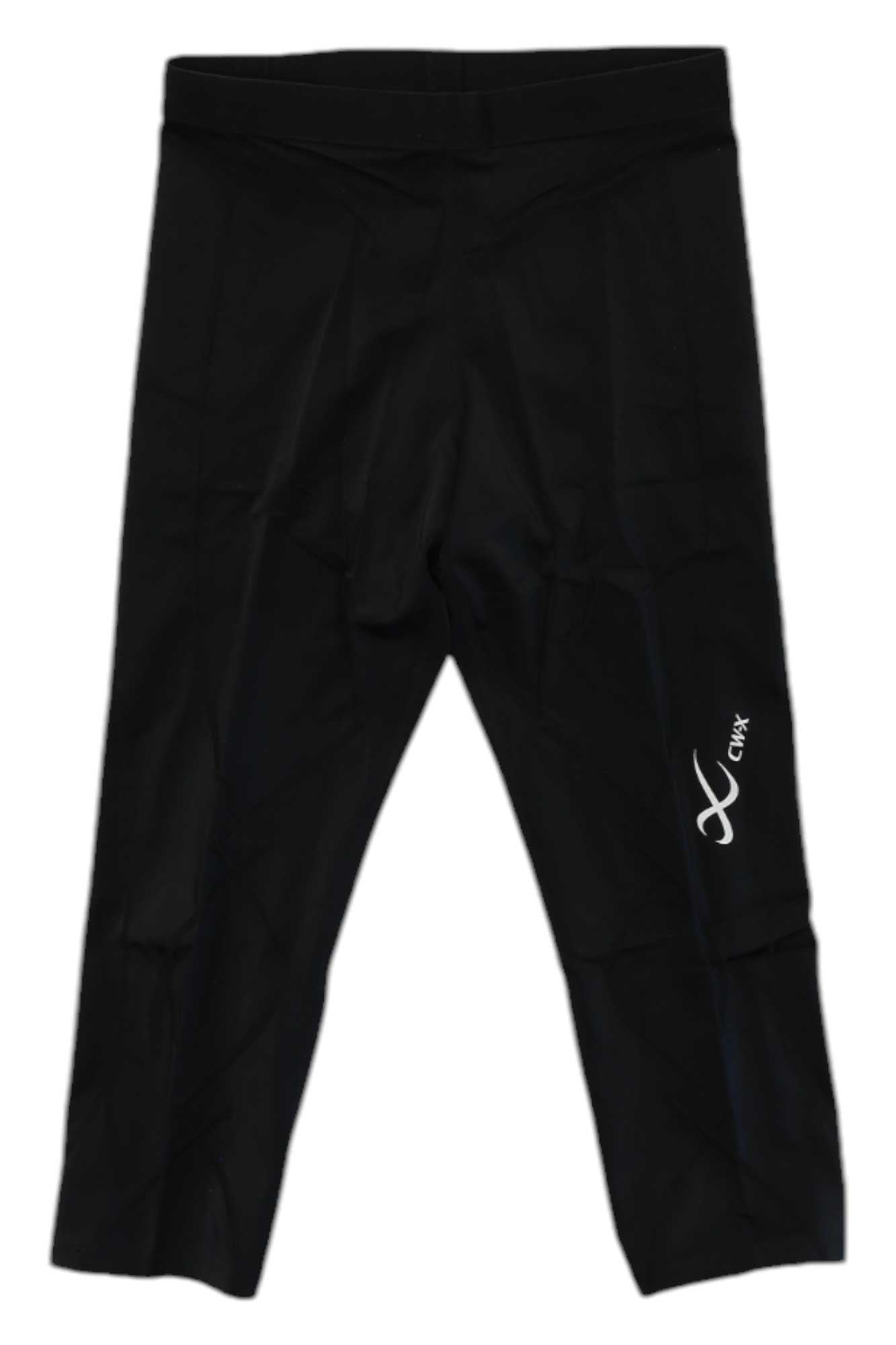 The CW-X Men's Expert 3.0 3/4 Tights are black athletic compression tights with a white CRUX logo on the left thigh, designed for muscle support, shown laid flat on a white background.