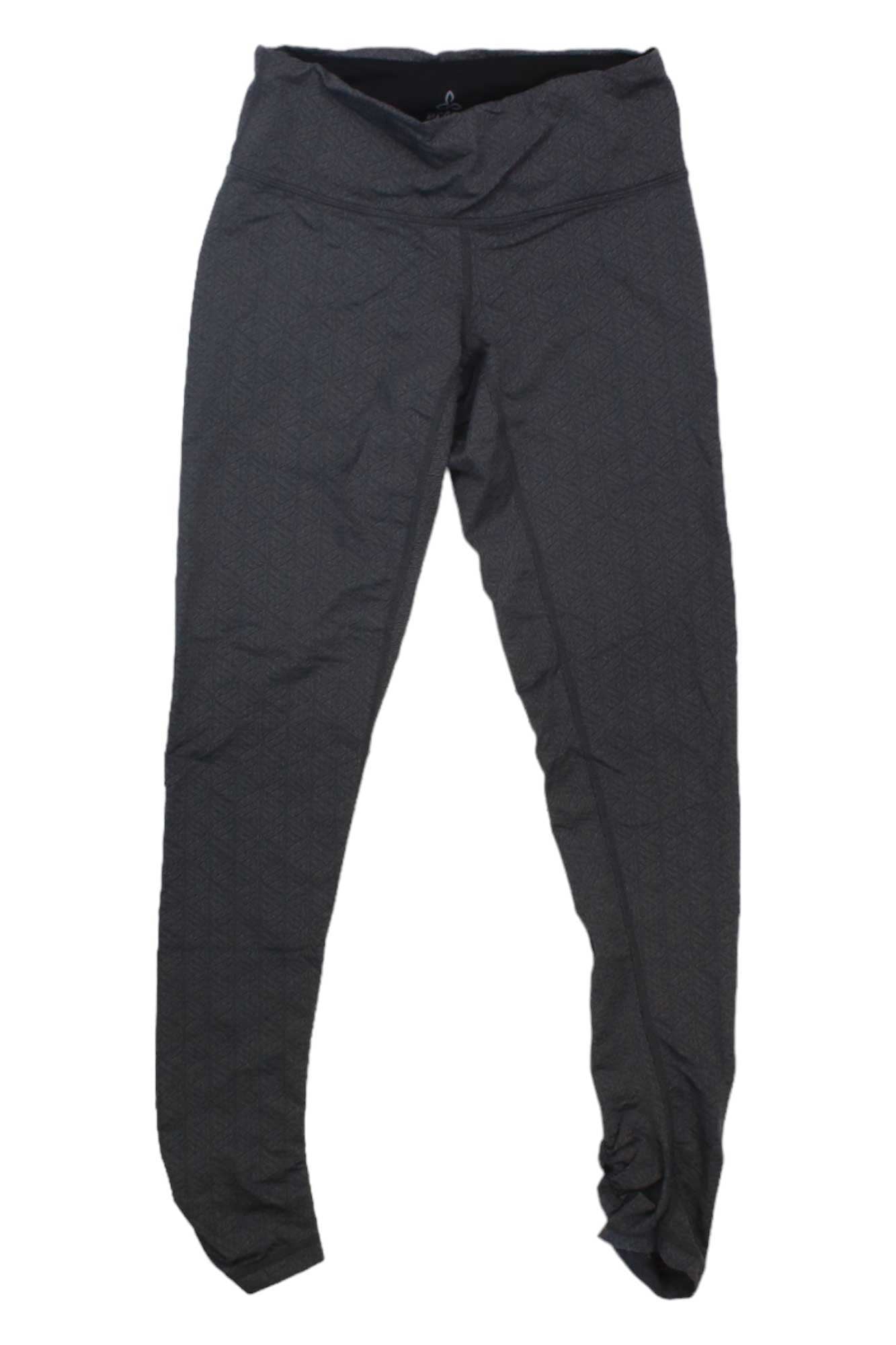 The Prana Womens Misty Yoga Leggings are black, fitted athletic leggings with a wide waistband, made from performance knit fabric and featuring a hidden key pocket, shown on a white background.