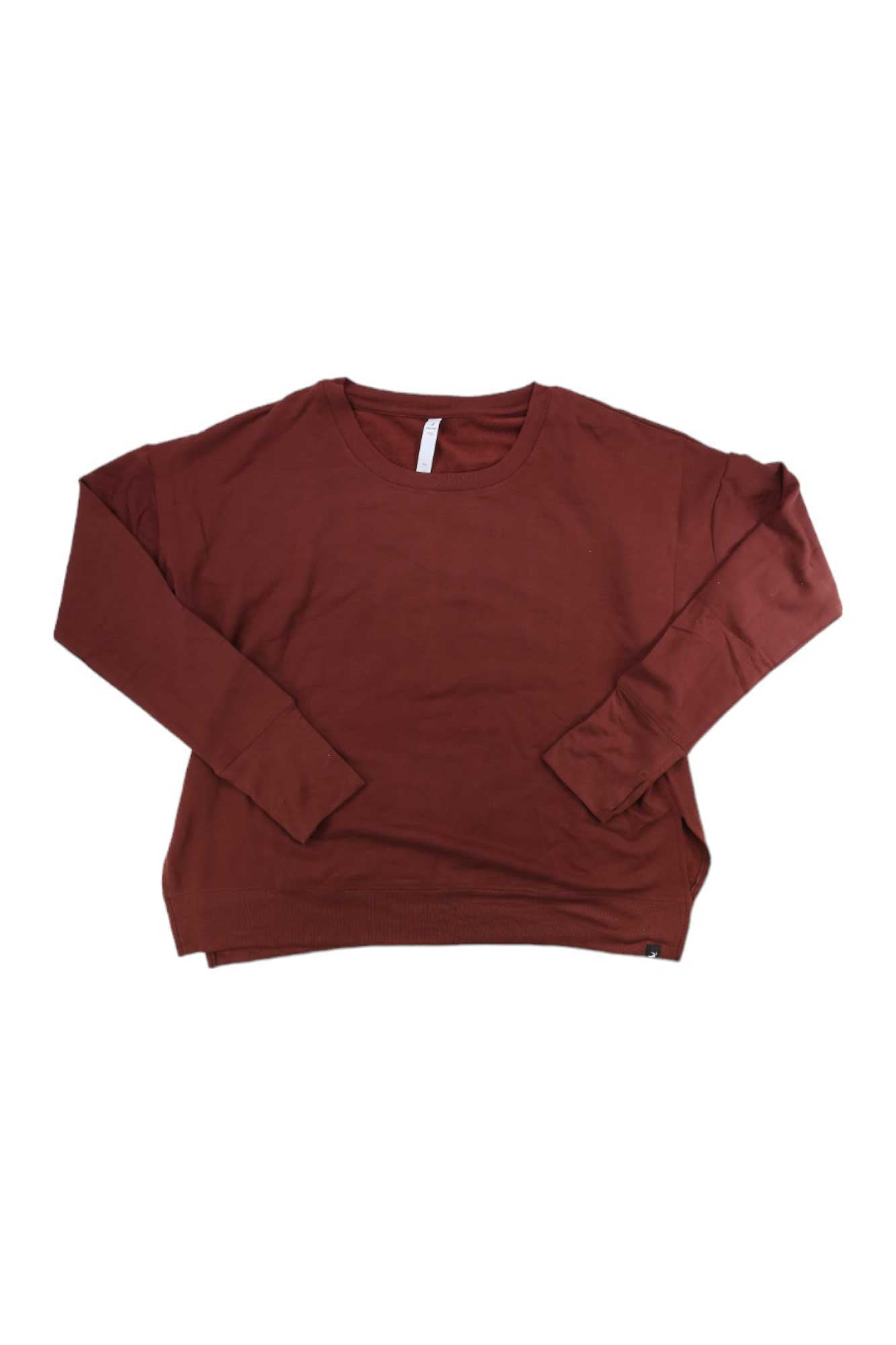 The Glyder Womens Lounge LS Top is an oversized, long-sleeve crew-neck lounge top in solid rust, displayed flat on a white background.
