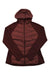 A maroon Jack Wolfskin Women's Tasman Down Hybrid Jacket with a front zipper, quilted body, and solid sleeves is laid flat on a white background.