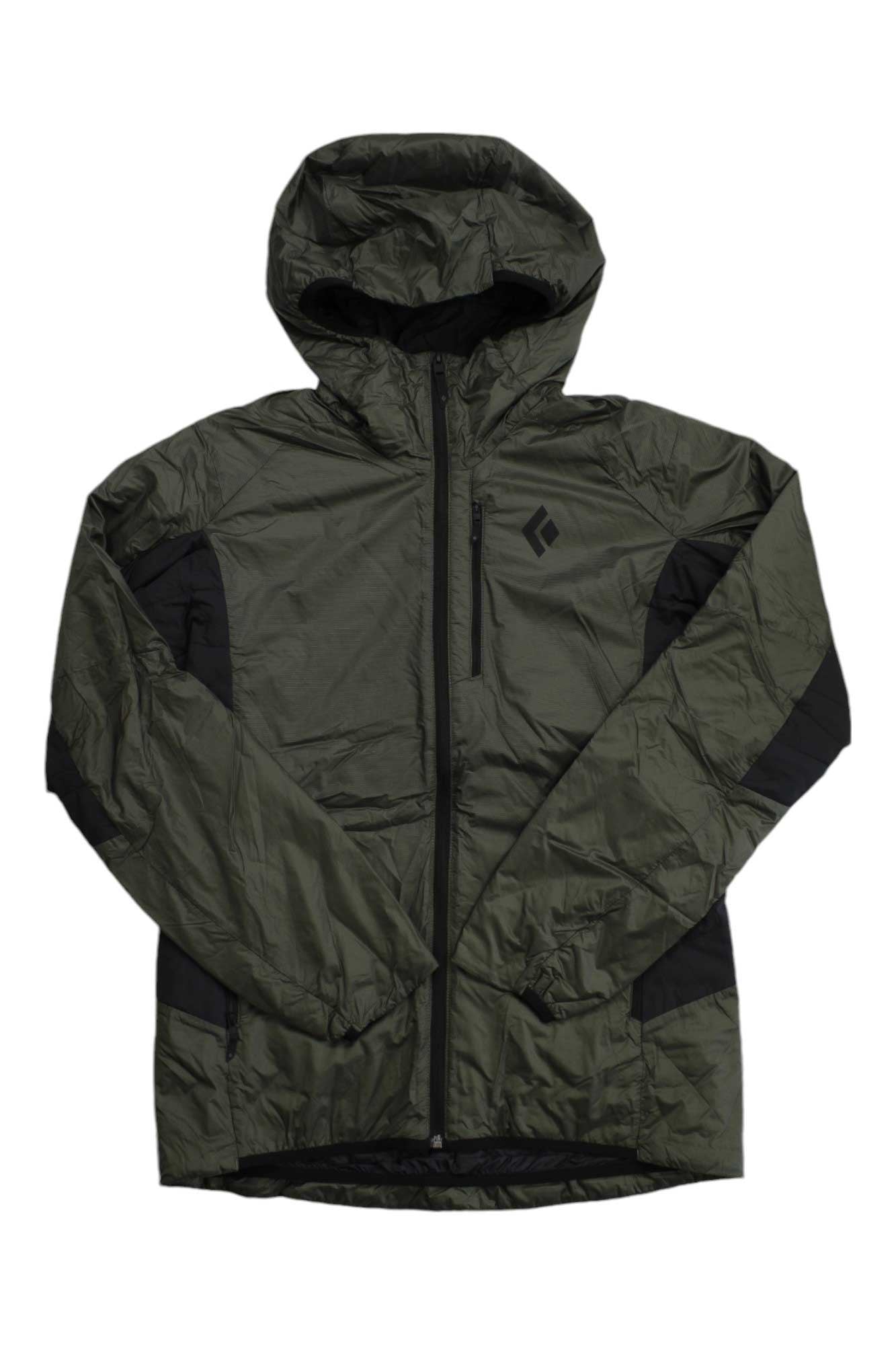 The Black Diamond Mens Vision Hybrid Hoody in olive green features black accents, a front zipper, zippered chest pocket, PrimaLoft insulation, and a subtle left chest logo.