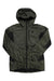 The Black Diamond Mens Vision Hybrid Hoody in olive green features black accents, a front zipper, zippered chest pocket, PrimaLoft insulation, and a subtle left chest logo.