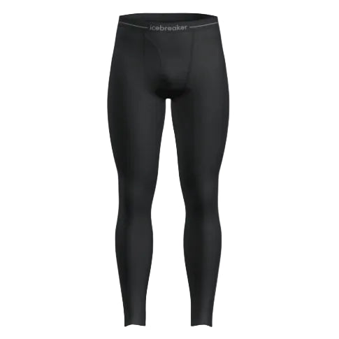A pair of black Icebreaker Mens Merino Wool 200 Oasis Base Layer Fly Leggings, full-length and fitted, is shown on a white background. Made from merino wool for warmth, they feature a branded waistband.
