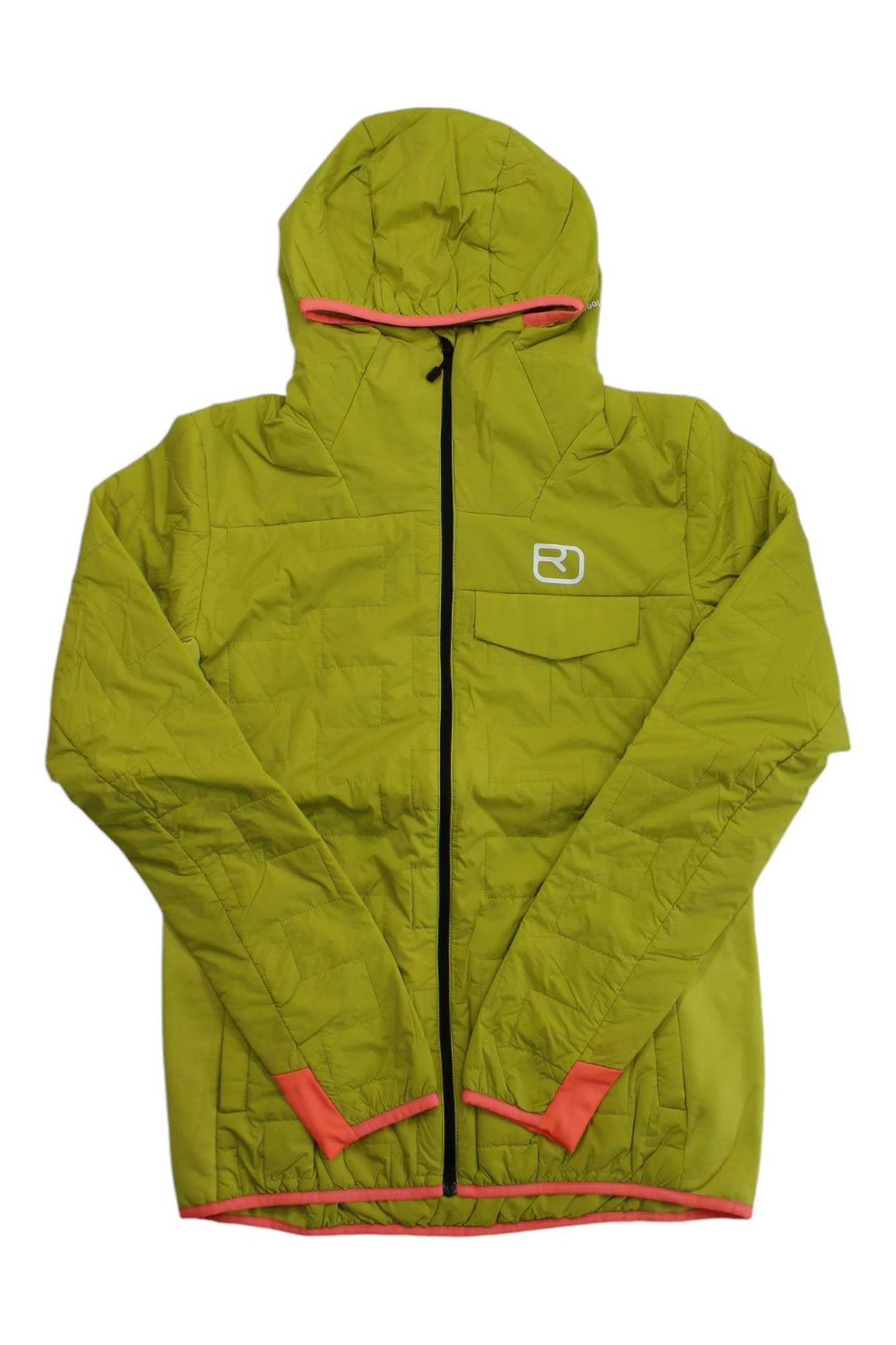 A light green Ortovox Womens Swisswool Piz Badus Jacket featuring a black zipper, coral trim on the cuffs and hem, and a white logo on the left chest, displayed flat on a white background.