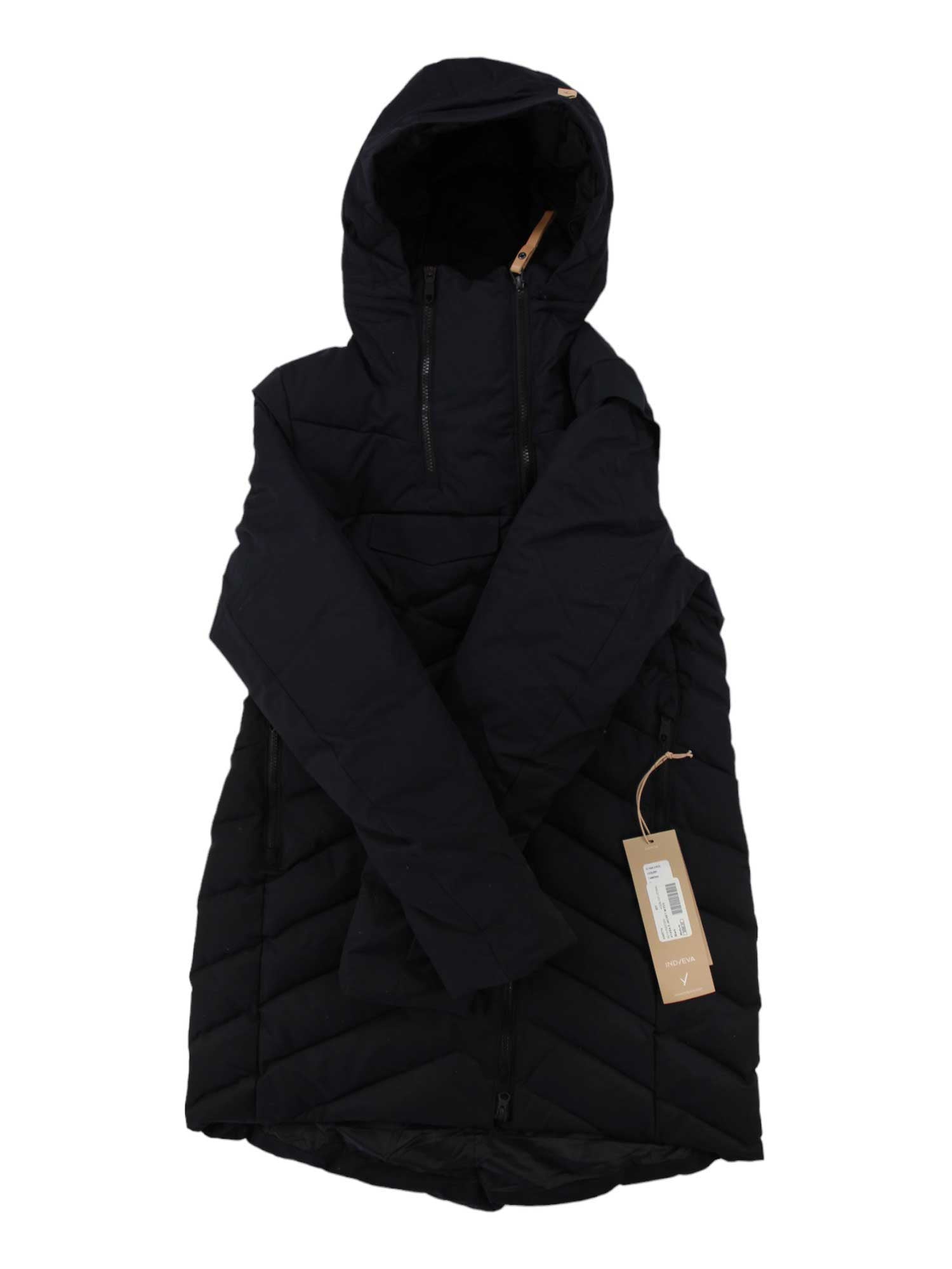 The Indyeva Womens Ayaba II Jacket is a black, water-resistant down coat with a hood, front zipper, long sleeves, and tag on the left sleeve, displayed against a white background—ideal for winter weather.