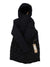 The Indyeva Womens Ayaba II Jacket is a black, water-resistant down coat with a hood, front zipper, long sleeves, and tag on the left sleeve, displayed against a white background—ideal for winter weather.