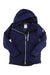 The Mammut Womens Stoney HS Thermo Jacket is a navy blue insulated ski jacket with a hood, front zipper, long sleeves, and a small white logo on the left sleeve, shown laid flat on a white background.