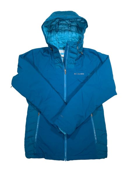 Mid-length insulated ski/snowboard jacket, teal blue, zip front, hood