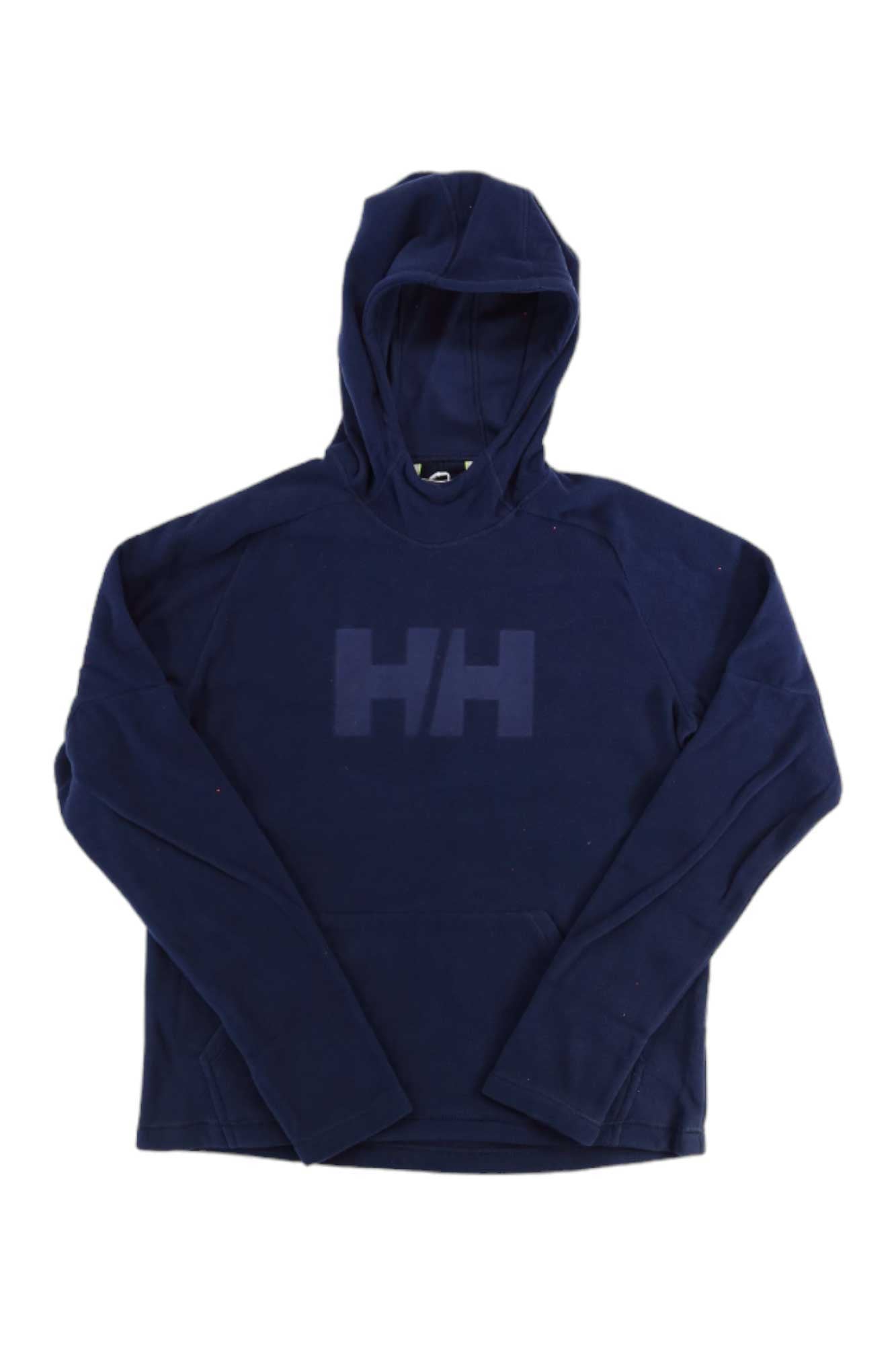 The Helly Hansen Juniors Daybreaker Hoodie is a navy blue, lightweight long-sleeve hoodie with a large “HH” logo on the front and a cozy kangaroo pocket, shown laid flat on a white background.