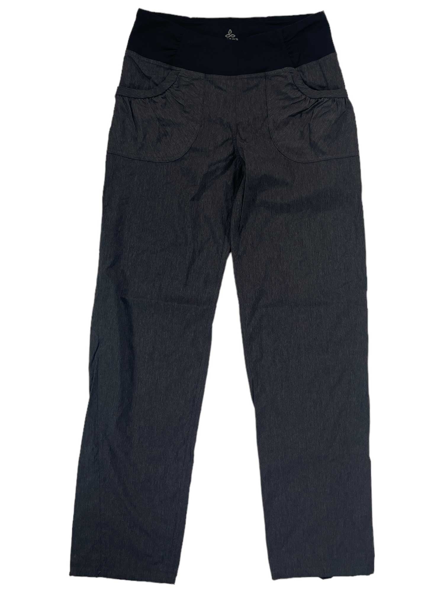 Dark gray Summit Pants for women, featuring a black elastic waistband and two front pockets, laid flat on a white background. Made with moisture-wicking fabric for comfortable hikes and outdoor adventures.