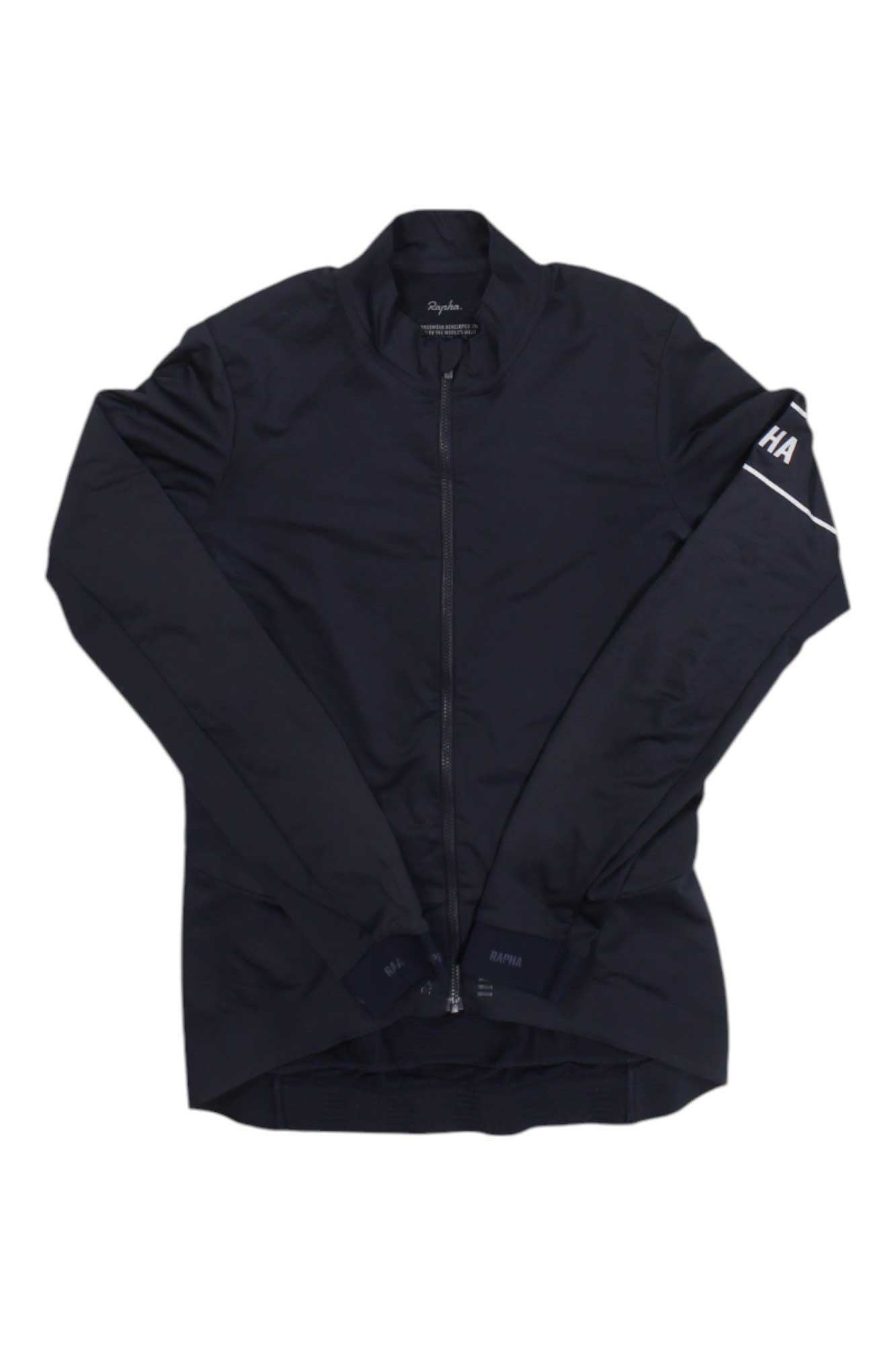Navy long-sleeve cycling jersey with stand collar and full front zipper.