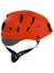 Orange armor helmet with black ventilation slots and adjustable chin strap