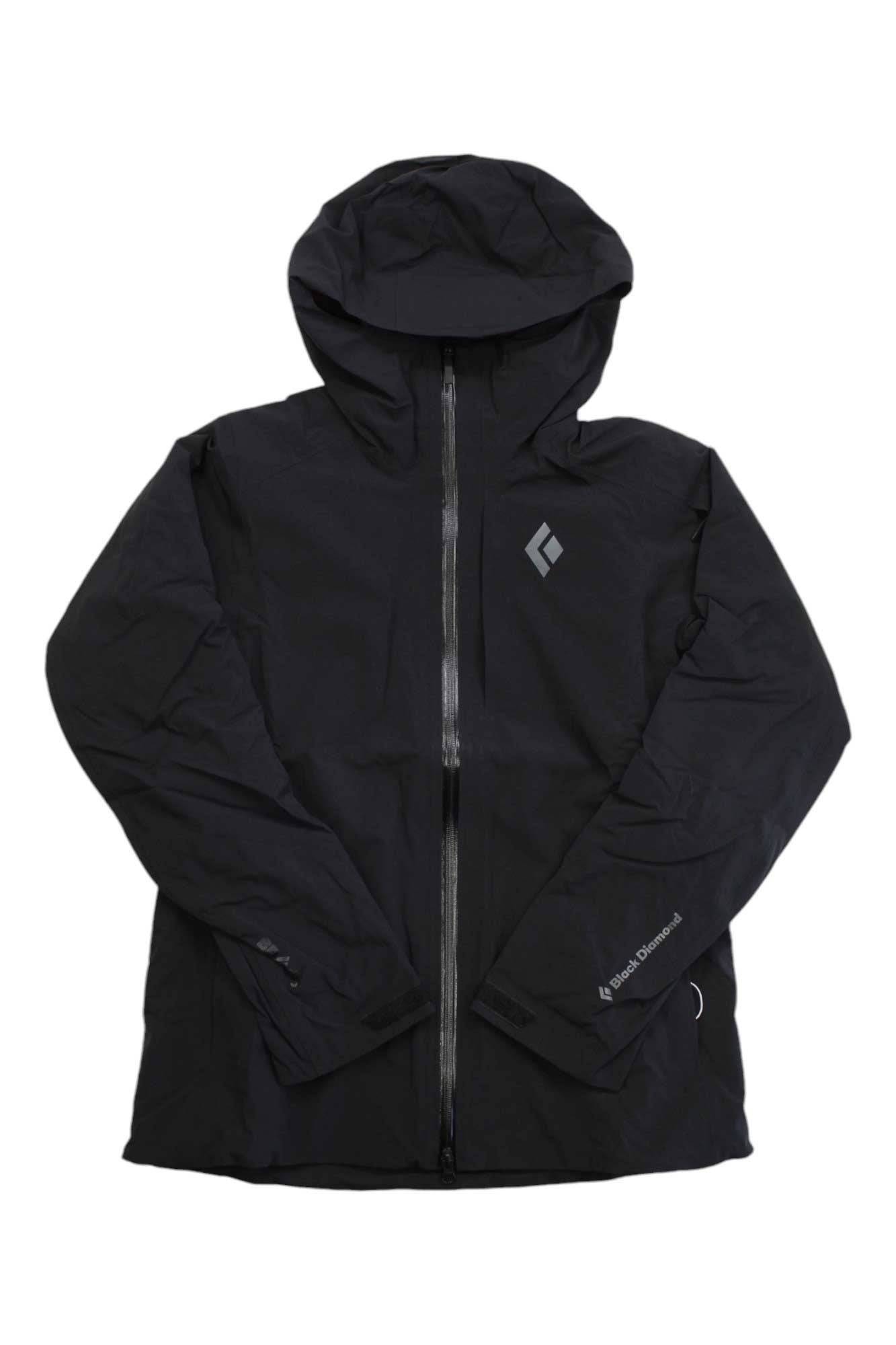 The Black Diamond Womens Recon Stretch Insulated Shell Jacket is a black, weather-resistant shell with front zipper and chest/sleeve logo, laid flat on a white background.