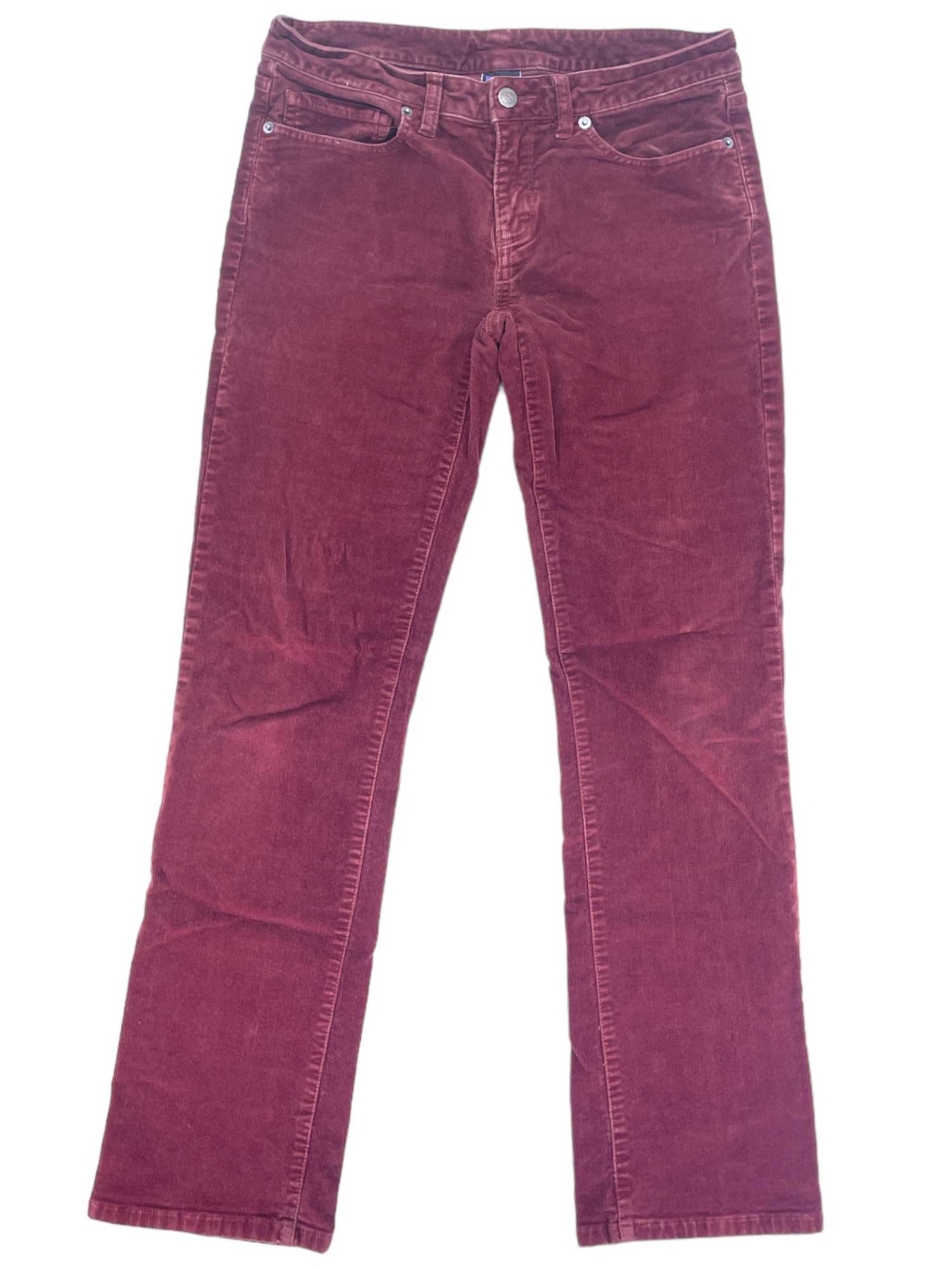 Women's burgundy corduroy regular pants with button fly and front pockets