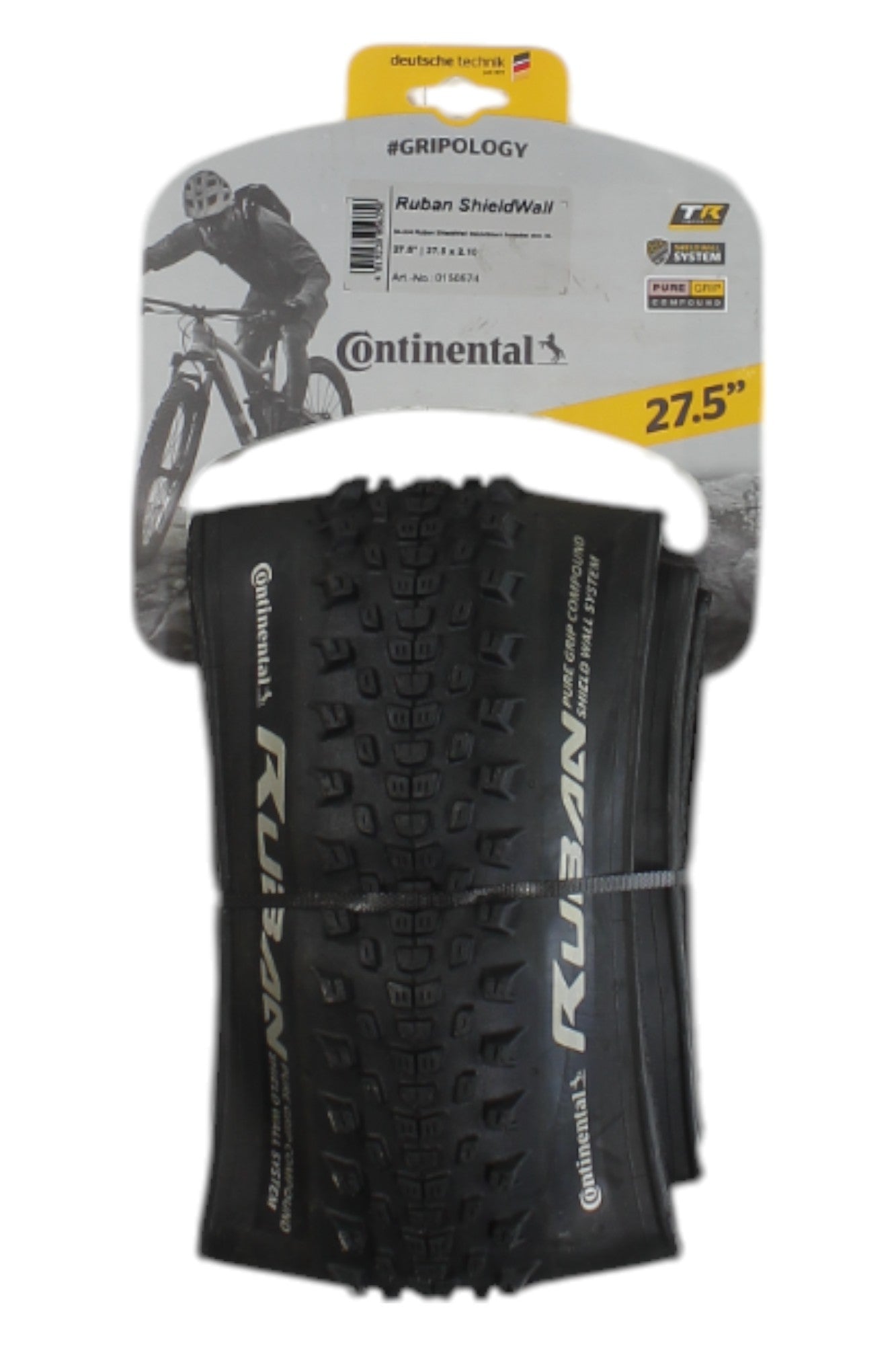 A packaged Continental XC Enduro Ruban Foldable Tire, black with white branding, 27.5-inch size, is shown in front of packaging featuring a mountain biker.