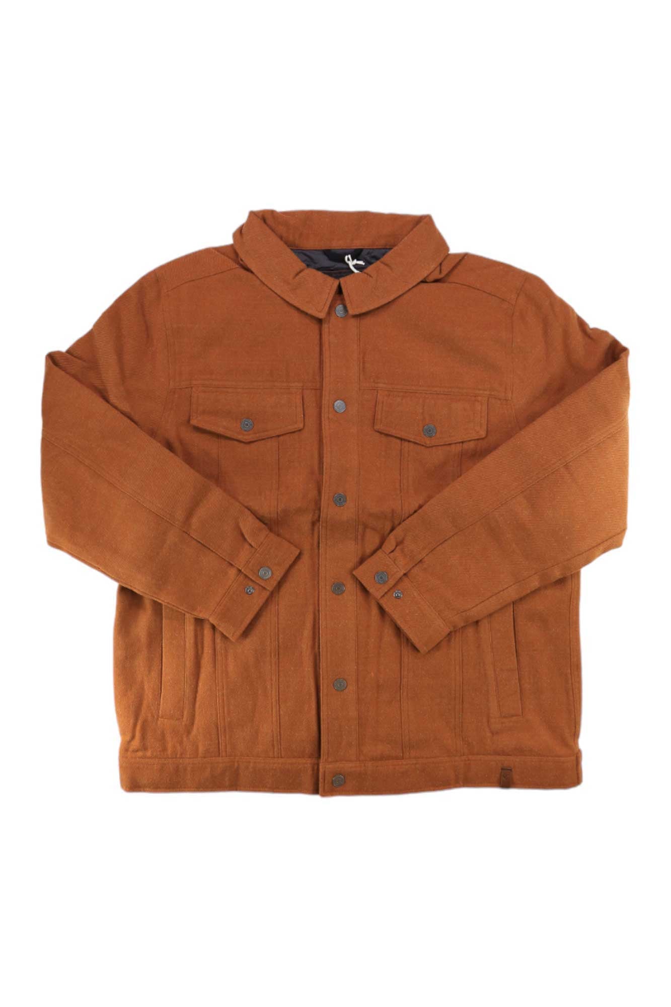 The Obermeyer Mens Founder Jacket is a brown, long-sleeved wool twill jacket with two chest pockets and a collar, laid flat on a white background—perfect for winter wear.