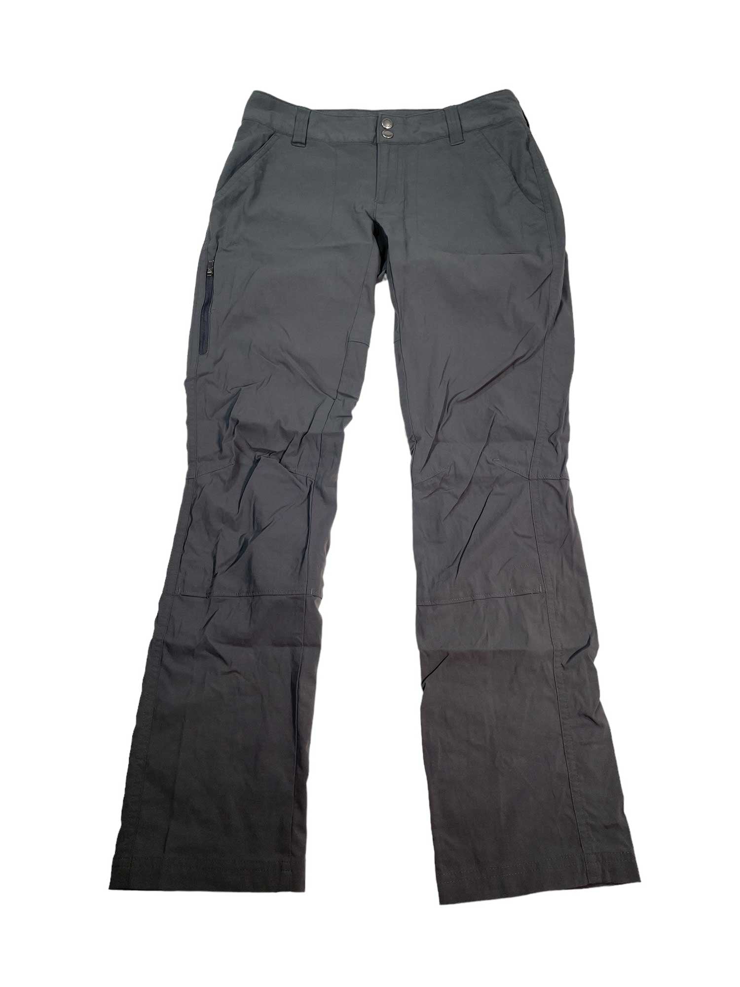 The Women's Saturday Trail Pants are dark gray, straight-leg pants with belt loops, front pockets, zipper fly, and UPF 50 sun protection, shown laid flat on a white background.