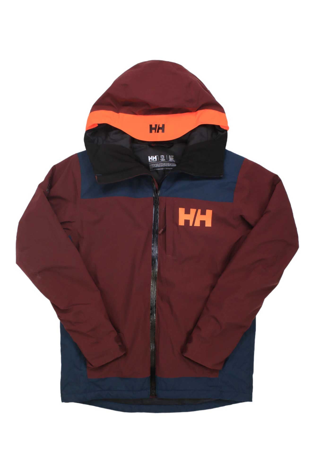 A maroon and navy Helly Hansen Mens Powdreamer 2.0 Jacket with orange accents on the hood and chest logo, shown lying flat on a white background.