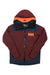 A maroon and navy Helly Hansen Mens Powdreamer 2.0 Jacket with orange accents on the hood and chest logo, shown lying flat on a white background.