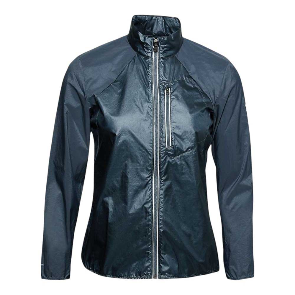 Lightweight, shiny dark blue outdoor jacket with high collar, long sleeves, front zipper, and vertical chest pocket for stylish wind protection. Inspired by the Under Armour Womens UA Run Impasse Wind Jacket.