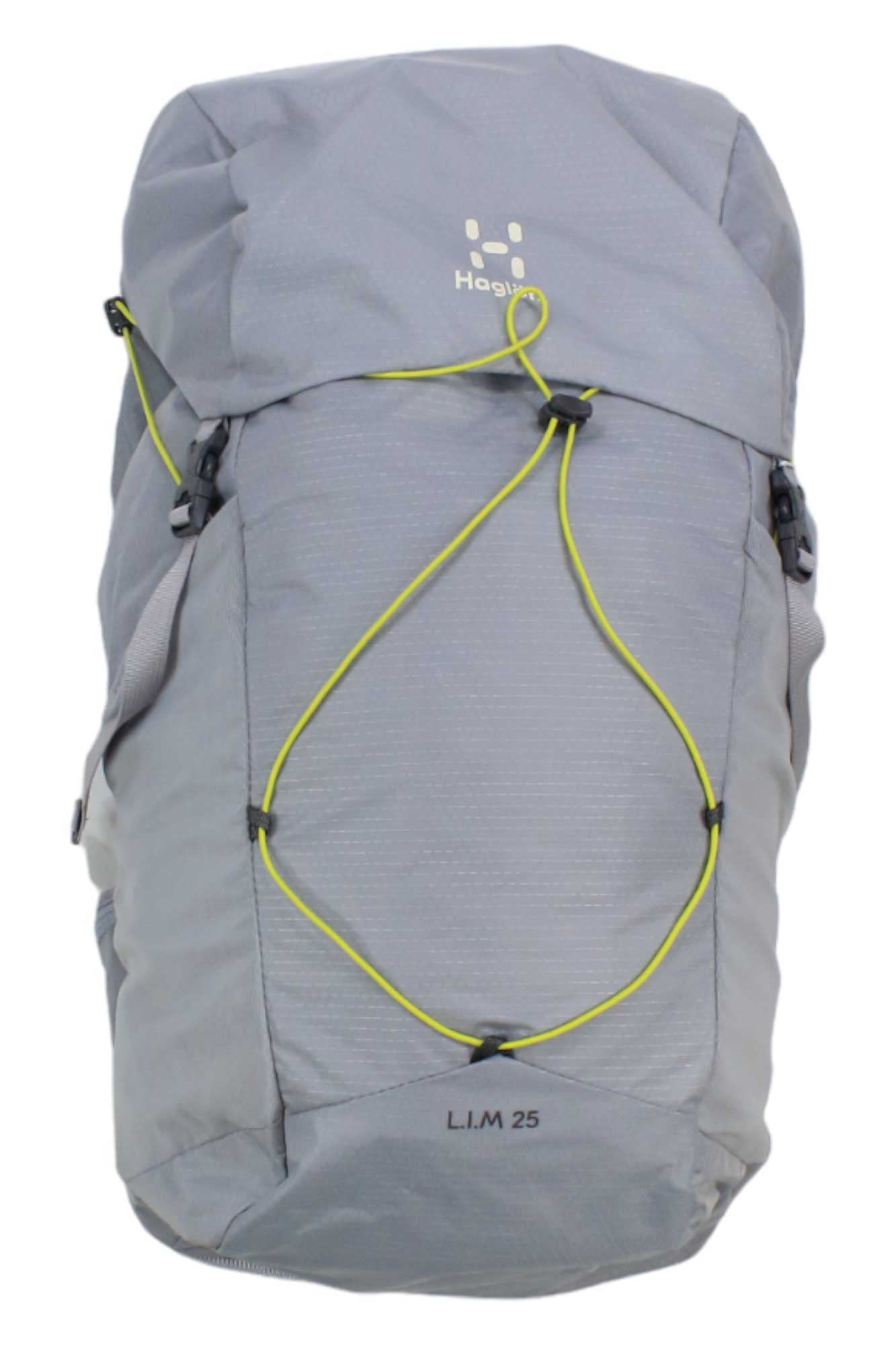The Haglofs L.I.M 25 Pack is a light gray day hiking backpack with a yellow front bungee cord, Haglöfs logo at the top, hydration compatibility, and an Airback suspension system for added comfort.