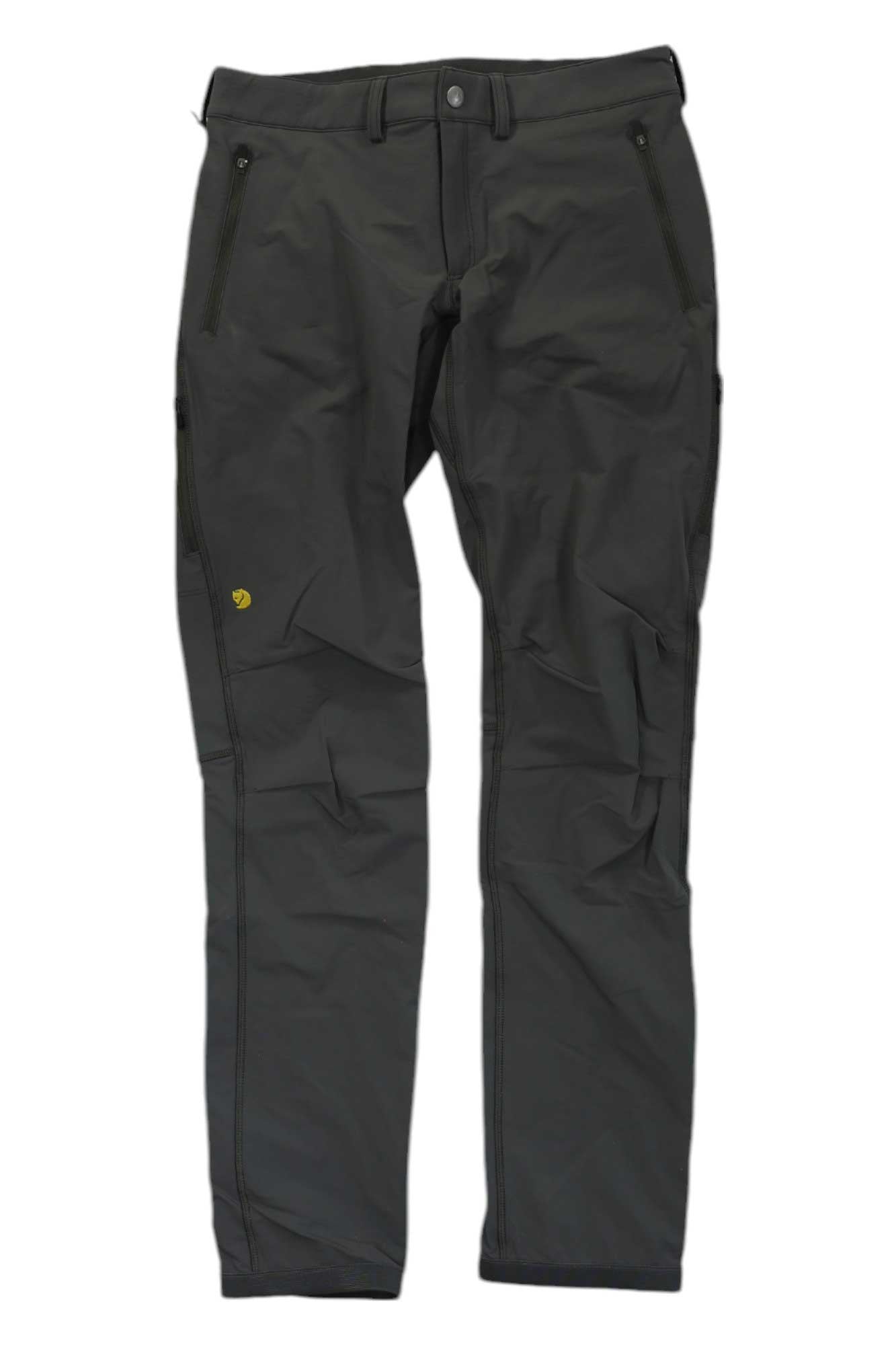Women’s stretch trousers in dark charcoal, zip fly, button waist, belt loops and side pockets.