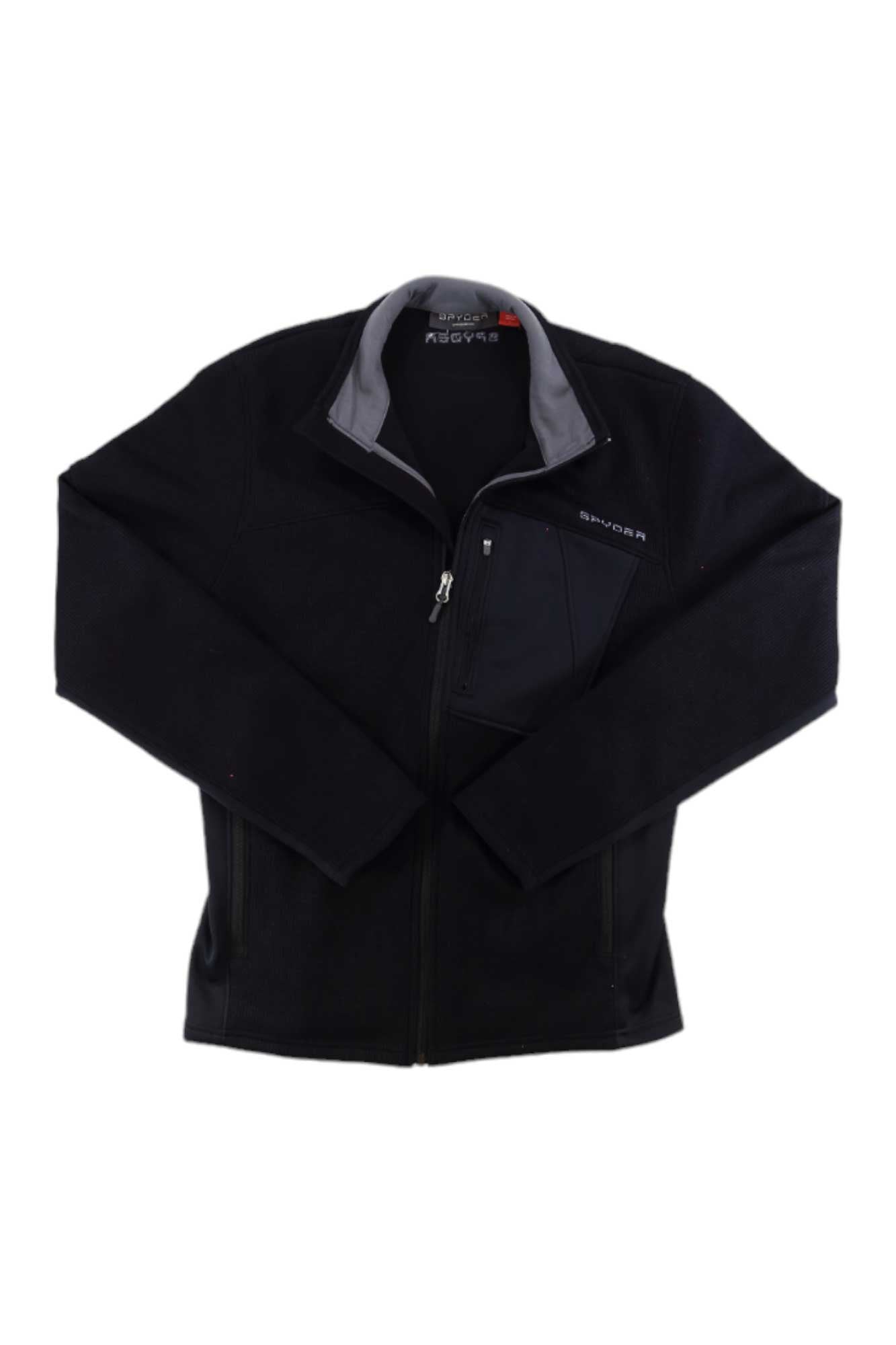 A black Spyder Men’s Bandit Full Zip Jacket featuring a gray inner collar, front zipper, and left zippered chest pocket. Its design is perfect for cold-weather sports.