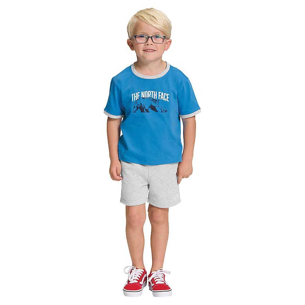 Kids cotton summer set featuring a blue crew-neck T-shirt and light gray knit shorts
