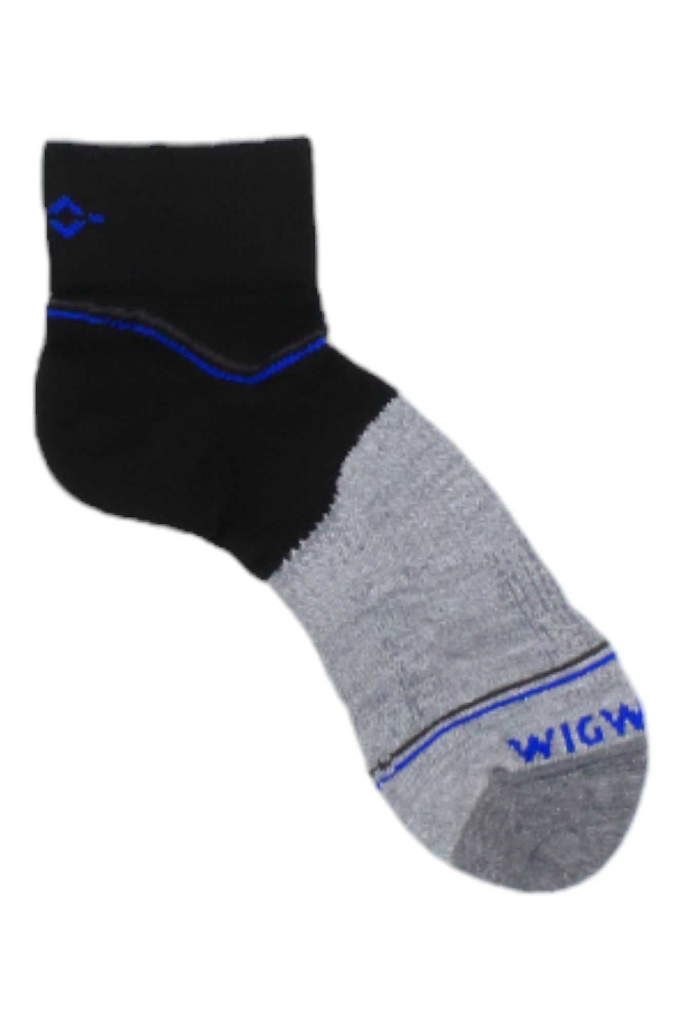 The Wigwam Surpass Lightweight Quarter Sock features a black upper, gray foot, blue accents (stripe and "WIGWAM" on toe), and is designed for a precise fit—perfect for hiking sock enthusiasts.
