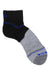 The Wigwam Surpass Lightweight Quarter Sock features a black upper, gray foot, blue accents (stripe and "WIGWAM" on toe), and is designed for a precise fit—perfect for hiking sock enthusiasts.