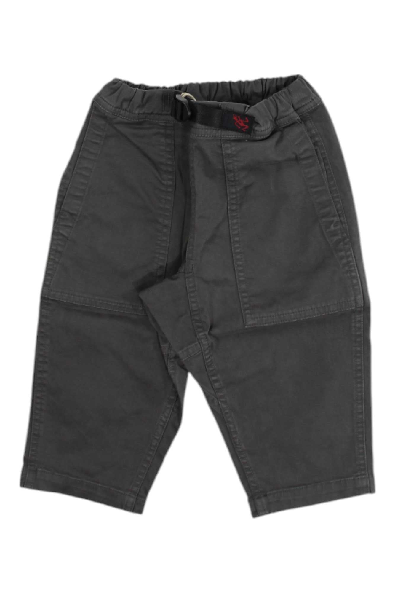 Kids loose tapered pants, charcoal gray, elastic waistband, front zip, patch pockets