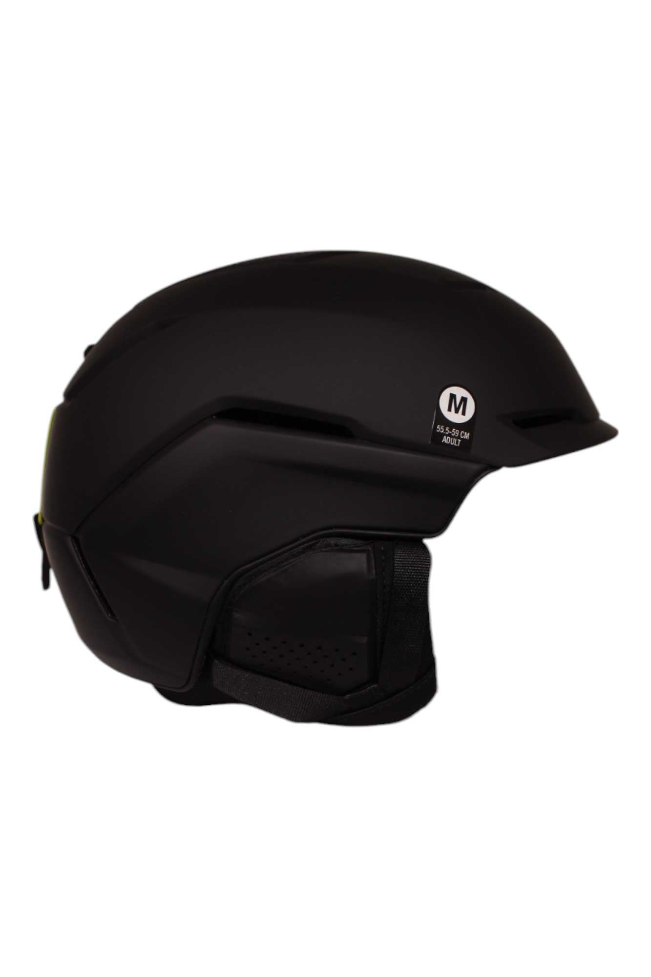 Men's matte black snow helmet with MIPS, size M label, chin strap and vents