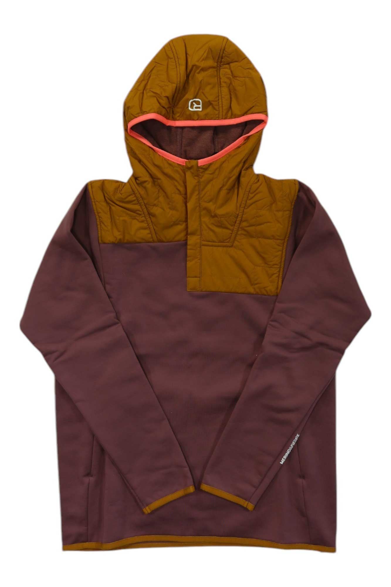 Inspired by the Ortovox Womens Fleece Plus Anorak, this long-sleeve pullover hoodie features a brown body and sleeves, a lighter brown quilted hood and shoulders, and pink trim—ideal for layering outdoors.