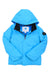 A bright blue Obermeyer Girls Rylee Jacket with a front zipper, black inner collar, and a circular black patch on the left sleeve. This stylish ski jacket is laid flat, sleeves crossed—perfect for any kids’ outdoor adventure.