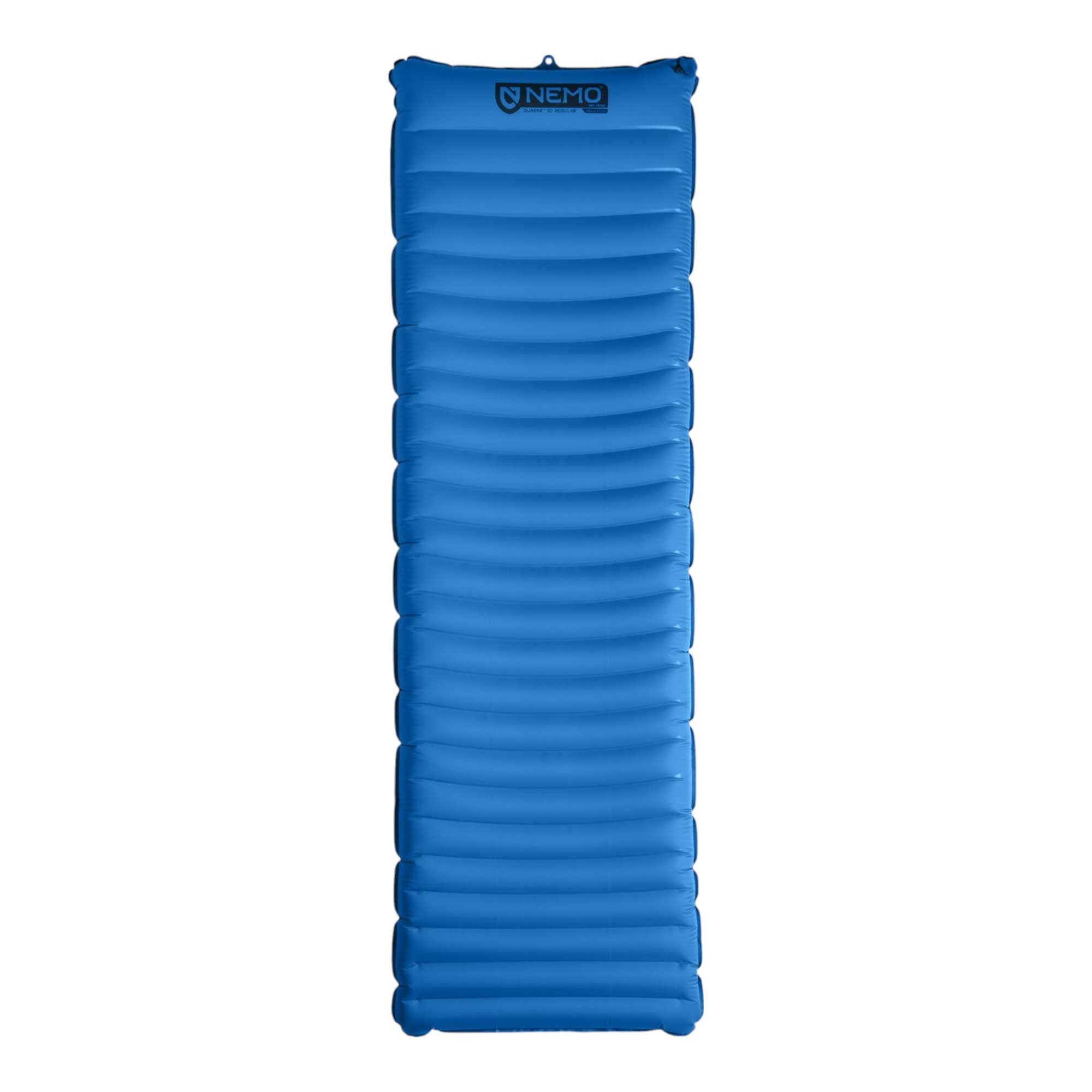 A blue, rectangular NEMO Quasar 3D Insulated sleeping pad with horizontal air chambers and the NEMO logo at the top, fully inflated and shown from above on a white background.
