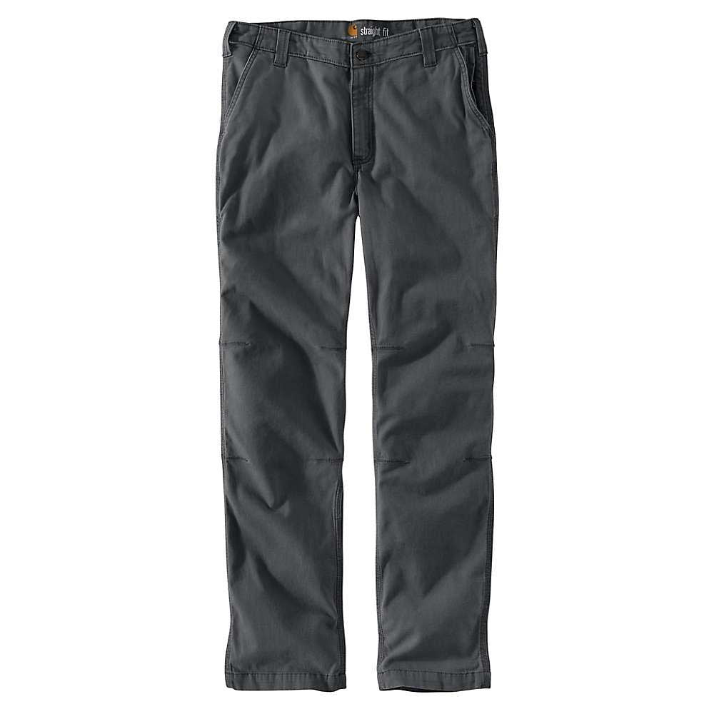 A pair of Carhartt Mens Rugged Flex Rigby Straight Fit Pants in dark gray, featuring front and back pockets, belt loops, and visible stitching, shown on a white background.
