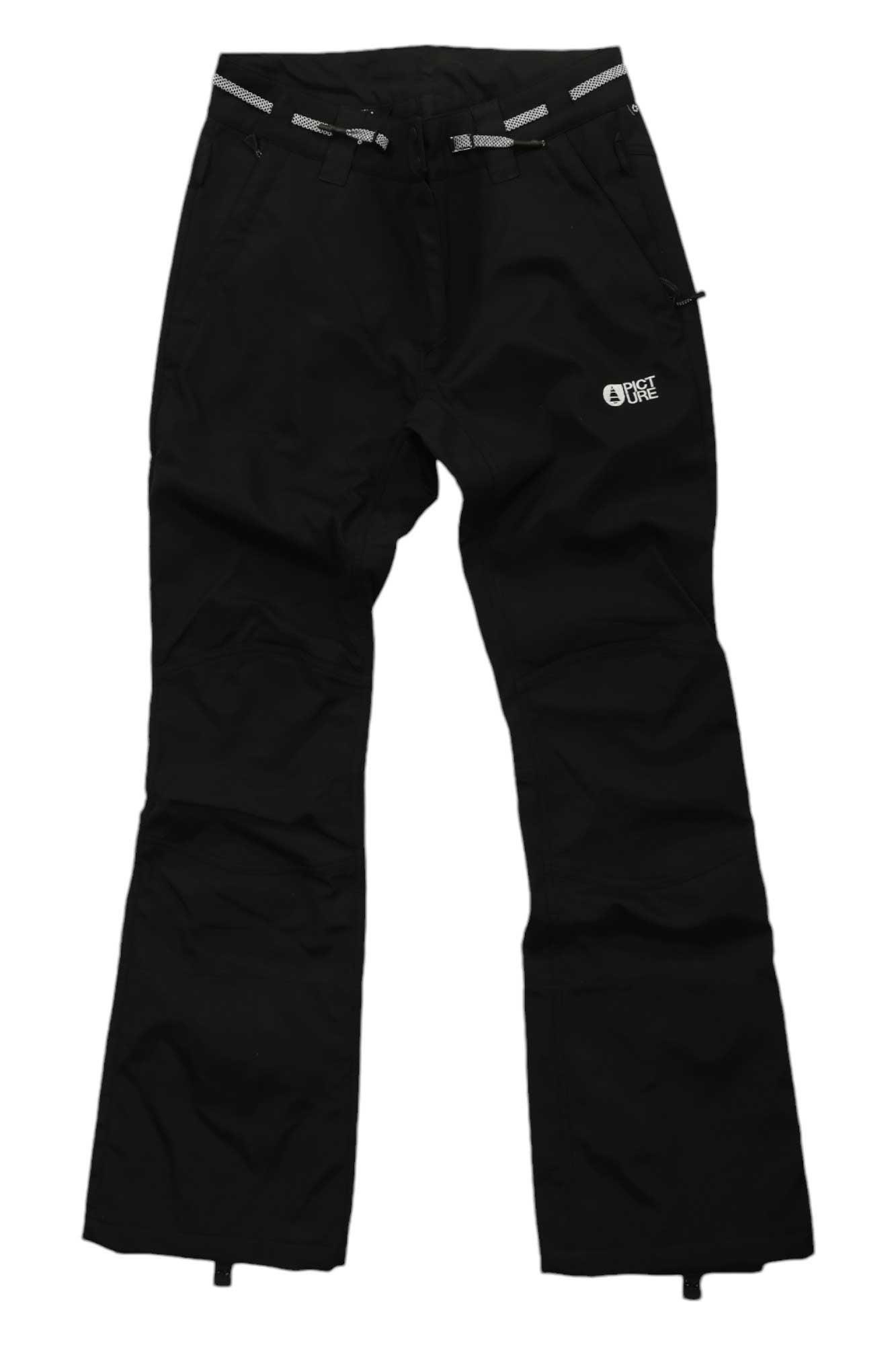 Women's black slim pant with belt loops, zip fly, front pockets, thigh logo.